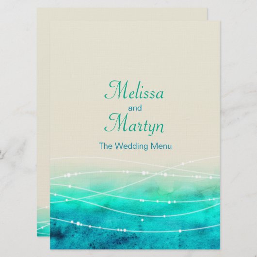 Menu mariage moderne peint abstact mer scintillant (Devant / Derrière)