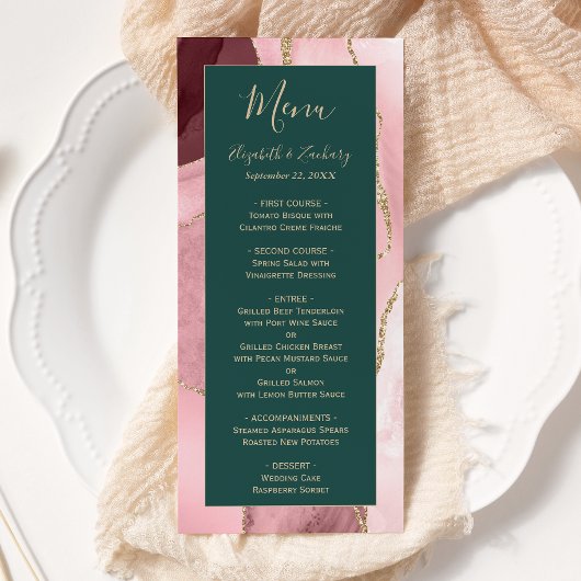 Menu Mariage Moderne Rose Pâle Or Vert Émeraude Agate