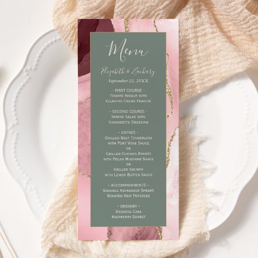 Menu Mariage Moderne Rose Pâle Or Vert Sauge Agate