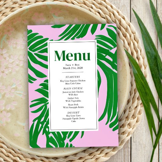 Menu Mariage moderne rose + palmier vert