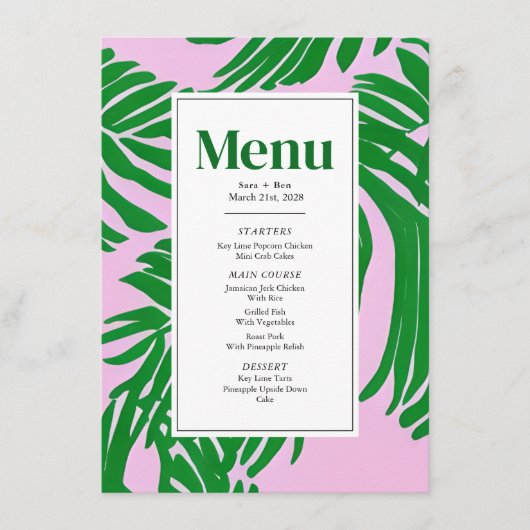Menu Mariage moderne rose + palmier vert (Devant)