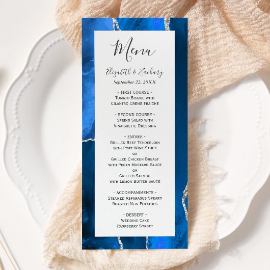 Menu Mariage Moderne Royal Bleu Agate Argent