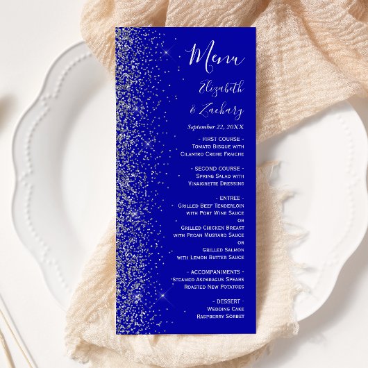 Menu Mariage Moderne Royal Bleu avec Bordure Pailletée