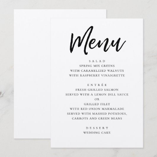 Menu Mariage moderne rustique. Calligraphie script de c (Devant / Derrière)