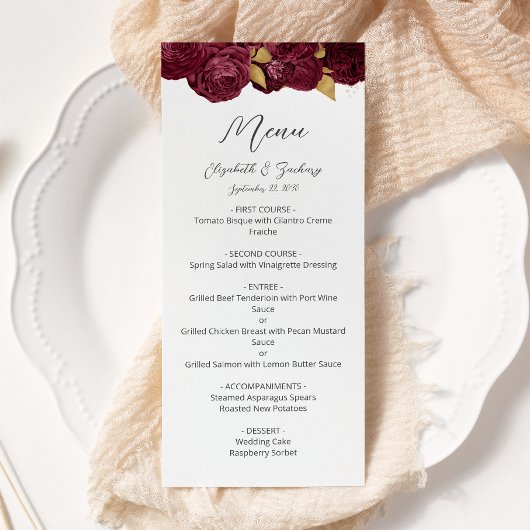 Menu Mariage Moderne Script Floral Or Bourgogne