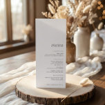 Menu Mariage moderne simple élégant avec Merci<br><div class="desc">Menu avec remerciement à l'arrière : Ce menu de mariage élégant présente un design moderne et minimaliste avec un avant blanc et un texte noir élégant, parfaitement aligné en bas pour laisser de l'espace pour les étiquettes de nom découpées en haut. À l'envers, un message de remerciement bien pensé est...</div>