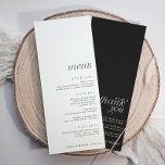 Menu Mariage moderne simple élégant avec Merci<br><div class="desc">Menu avec remerciement à l'arrière : Ce menu de mariage élégant présente un design moderne et minimaliste avec un avant blanc et un texte noir élégant, parfaitement aligné en bas pour laisser de l'espace pour les étiquettes de nom découpées en haut. À l'envers, un message de remerciement bien pensé est...</div>