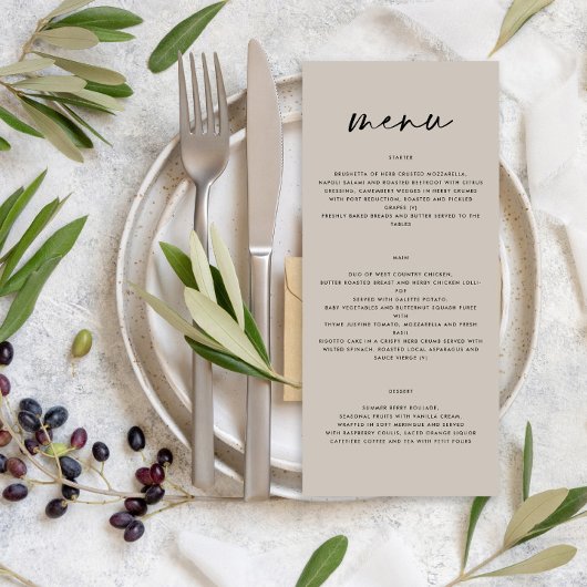 Menu Mariage moderne simple élégant écriture grise