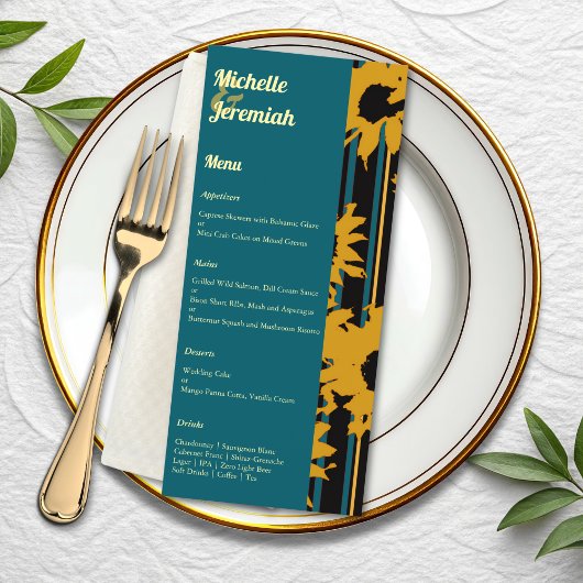 Menu Mariage Moderne Tournesol Bleu Sarcelle Or
