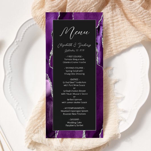 Menu Mariage Moderne Violet Argent Agate Foncé