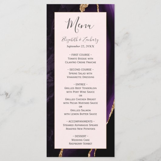 Menu Mariage moderne violet doré Agate doré (Devant)