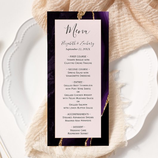 Menu Mariage moderne violet doré Agate doré