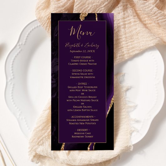 Menu Mariage Moderne Violet Or Agate Prune