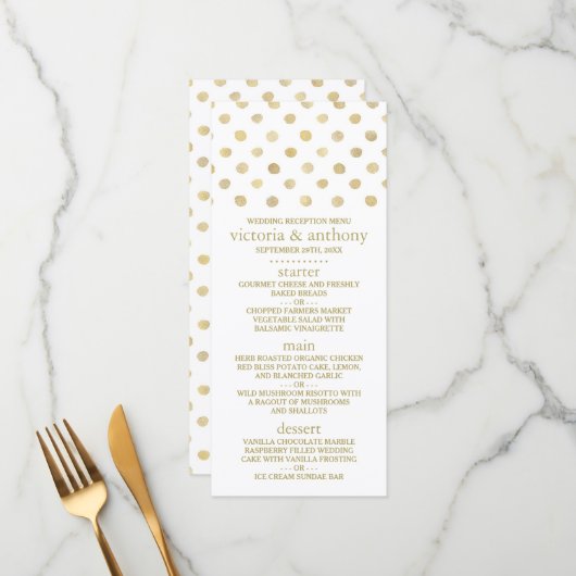 Menu Mariage moderne White & Gold Pois (Devant/Arrière en situation)