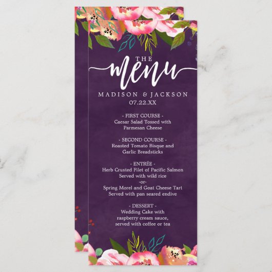 Menu Mariage modifiable couleur chic en floraison (Devant / Derrière)