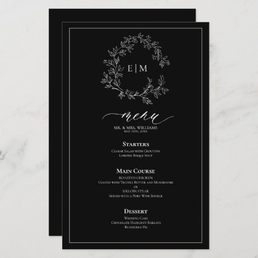 Menu Mariage Monogram Crest noir blanc (Devant / Derrière)
