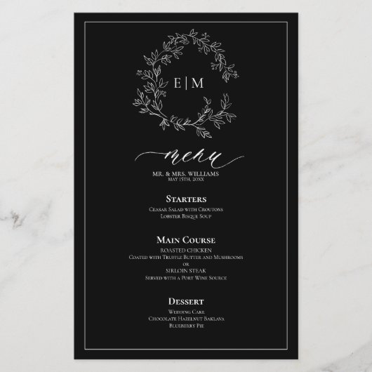 Menu Mariage Monogram Crest noir blanc (Devant)