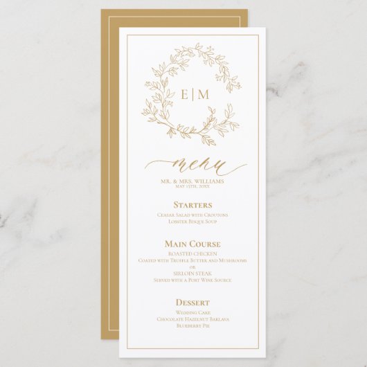 Menu Mariage Monogram Gold Leafy Crest (Devant / Derrière)