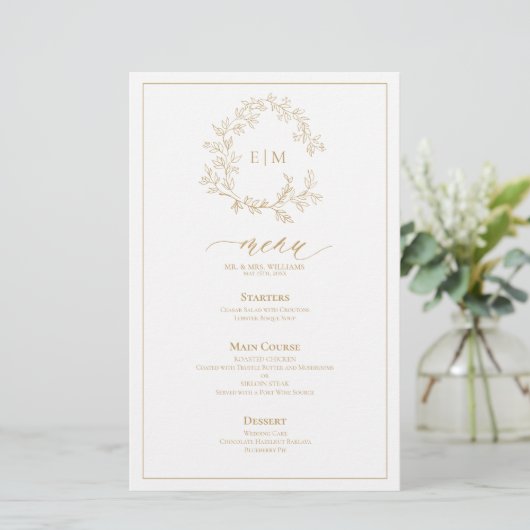 Menu Mariage Monogram Gold Leafy Crest (Debout devant)