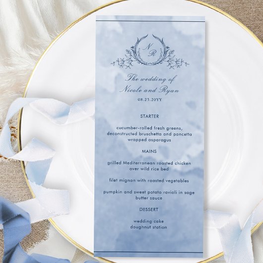 Menu Mariage Monogram Script Dusty Blue Watercolor