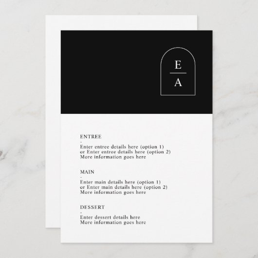 Menu Mariage monogramme à arc minimal noir et blanc sim (Devant / Derrière)