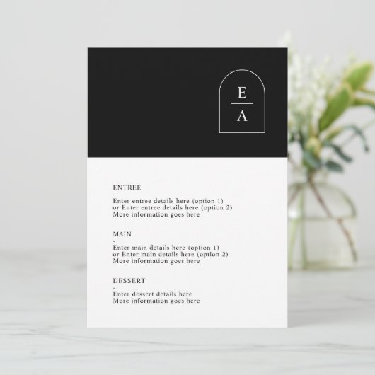 Menu Mariage monogramme à arc minimal noir et blanc sim (Debout devant)