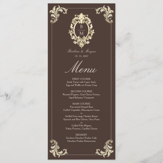 Menu Mariage Monogramme Baroque Or Brun Chocolat Doré (Devant)