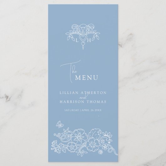 Menu Mariage monogramme blanc bleu fleur de lis (Devant)