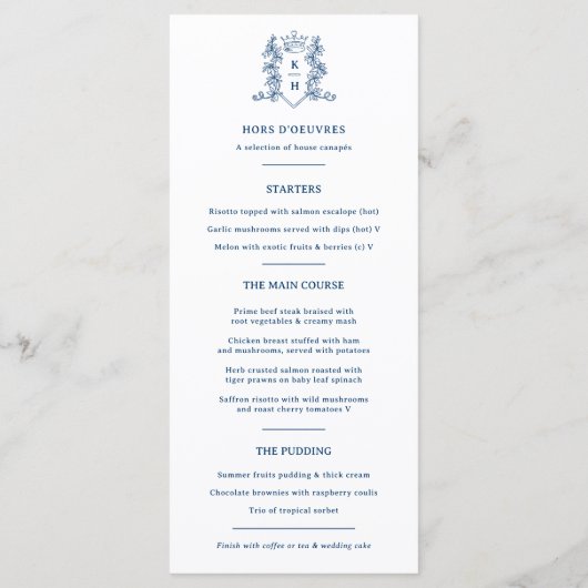 Menu Mariage monogramme blanc et bleu foncé (Dos)