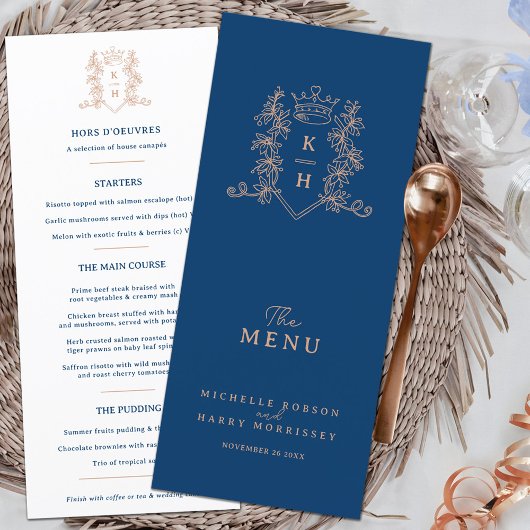 Menu Mariage monogramme blanc rose or bleu couronne