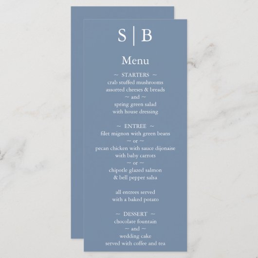 Menu Mariage monogramme bleu Dusty classique (Devant / Derrière)