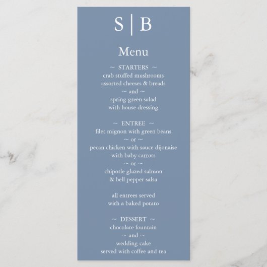 Menu Mariage monogramme bleu Dusty classique (Devant)