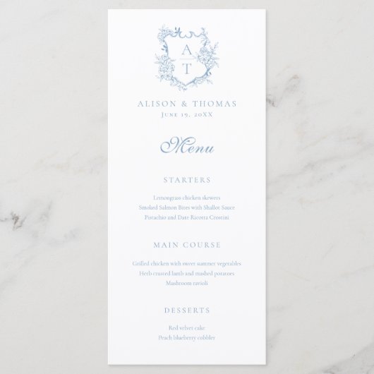 Menu Mariage Monogramme Bleu Poussiéreux Crest (Devant)