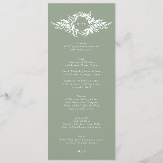 Menu mariage monogramme classique vert sauge feuillus (Devant)