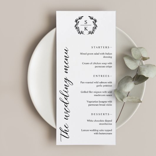 Menu Mariage Monogramme Couronne de Laurier Typographie