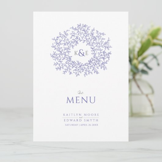 Menu mariage monogramme de dessin de feuille blanche bl (Debout devant)