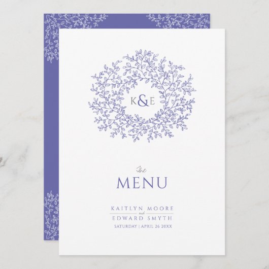 Menu mariage monogramme de dessin de feuille blanche bl (Devant / Derrière)