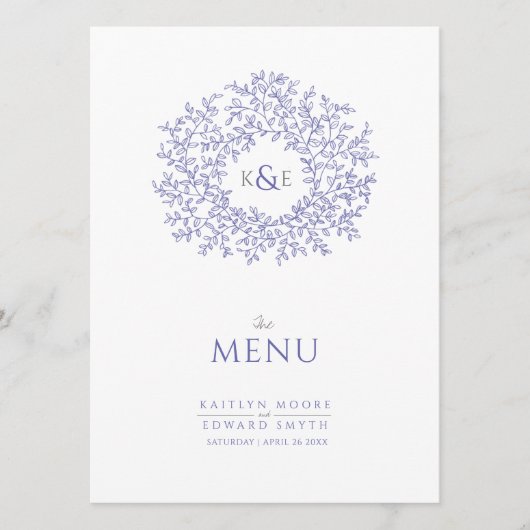 Menu mariage monogramme de dessin de feuille blanche bl (Devant)