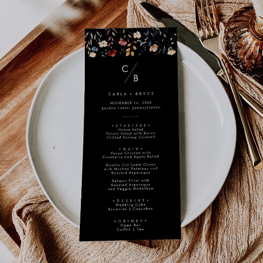 Menu Mariage Monogramme de Fleur Sauvage Bohème Fantais