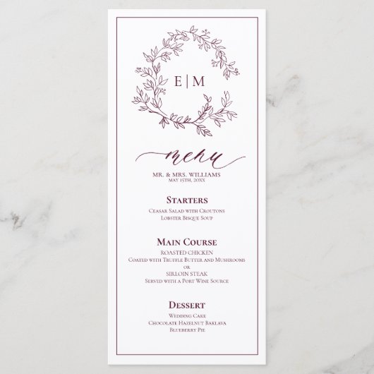 Menu Mariage Monogramme de la crête feutrée de Bou (Devant)