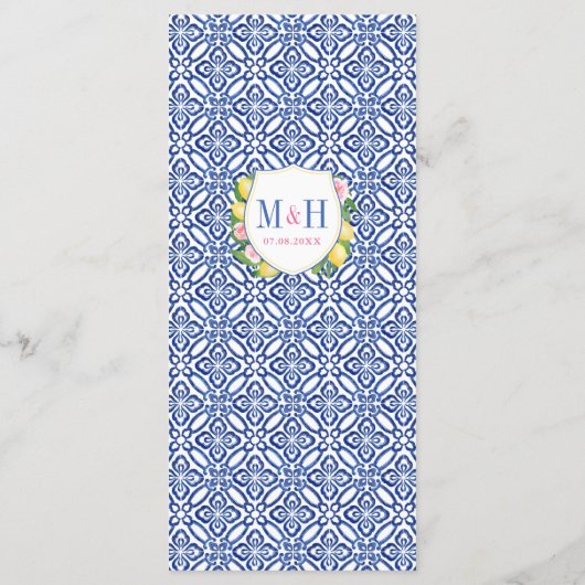 Menu Mariage Monogramme en carreaux bleus citron italie (Dos)