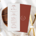 Menu Mariage Monogramme en terre cuite<br><div class="desc">Améliorez votre réception grâce à notre carte de menu Mariage Monogram en terre cuite. Avec un design simple mais sophistiqué avec le monogramme et le fleur sauvage, cette carte de menu ajoute une touche de beauté intemporelle à votre paysage de table. Guidez vos invités à travers une expérience culinaire mémorable...</div>