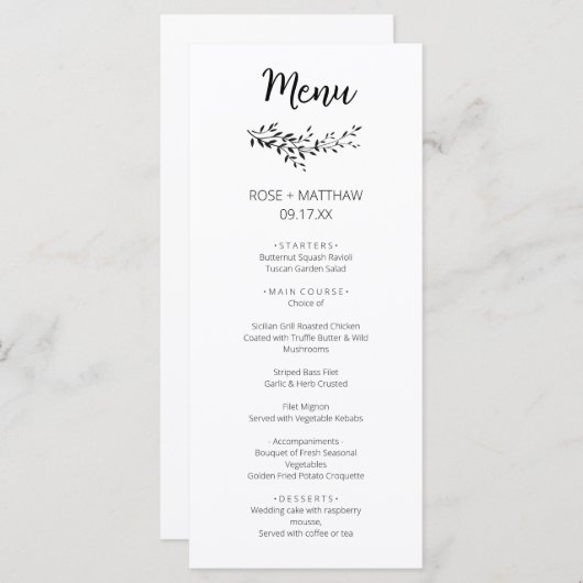 Menu Mariage monogramme feuille d'élégance simple (Devant / Derrière)