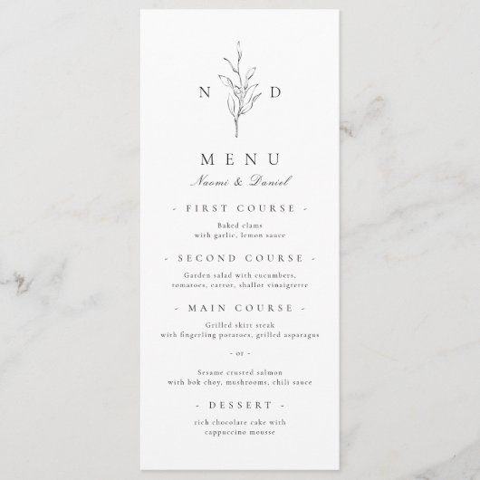 Menu Mariage monogramme feuille d'élégance simple (Devant)