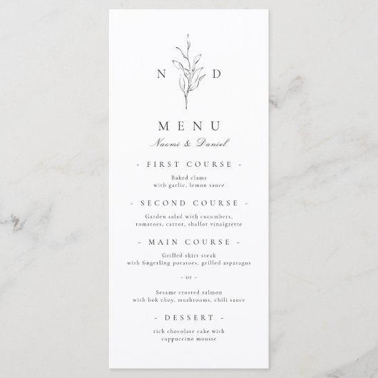 Menu Mariage monogramme feuille d'élégance simple (Devant)