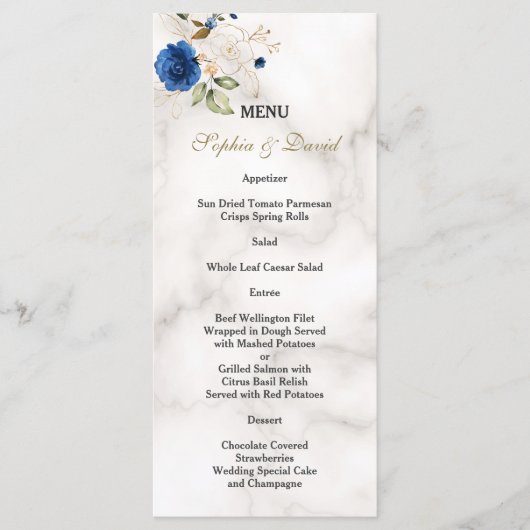 Menu Mariage Monogramme Fleurs Bleu Fantaisie Or (Devant)