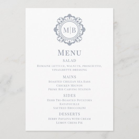 Menu Mariage Monogramme Floral Orné Argent (Devant)