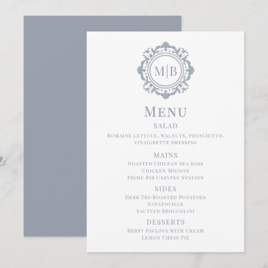 Menu Mariage Monogramme Floral Orné Argent (Devant / Derrière)