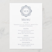 Menu Mariage Monogramme Floral Orné Argent (Devant)