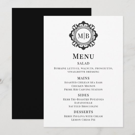 Menu Mariage Monogramme Floral Orné Blanc Noir (Devant / Derrière)